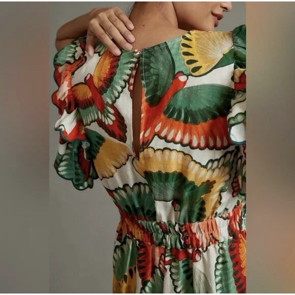 Farm Rio New Anthropologie Ruffle-Sleeve Linen Jumpsuit Size L - Picture 6 of 16